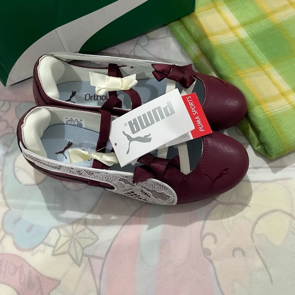Puma Girls Burgundy and White Ballet Flats with Lace and Bows